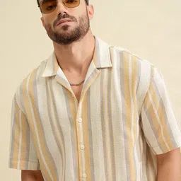 LOCOMOTIVE Mustard Textured Striped Cuban Collar Oversized Shirt-image-84