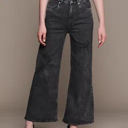 bebe Women Charcoal Grey Essential Wide Leg Fit High-Rise Stretchable Jeans-image-35