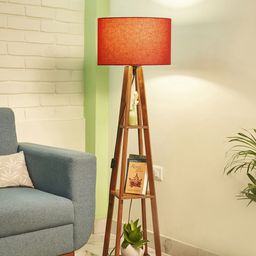 Crosscut Red & Brown Wooden Cylinder Shaped Floor Lamp With Shelves-23