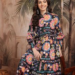 Sangria Ethnic Motifs Print Puff Sleeves Pure Cotton Shirt Style Dress-picture-51