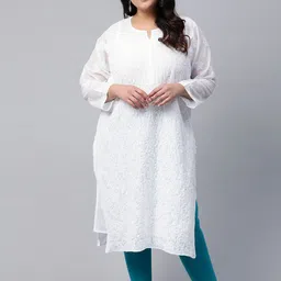 Ada Women Plus Size White Floral Embroidered Chikankari Handloom Kurta-image-52