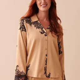 La Vie en Rose Satin & Lace Long Sleeve Lounge Shirt-image-91