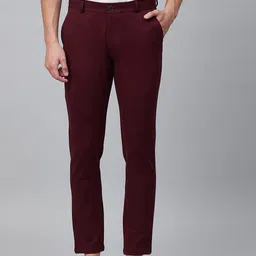 DENNISON Men Burgundy 4-Way Lycra Wrinkle Free Cropped Fit Solid Chinos-image-59