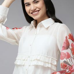 Bhama Couture Women White & Red Floral Detail Ruffles Shirt Style Top-image-83