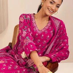 Libas Women Floral Printed Panelled Mirror Work Kurta with Salwar & With Dupatta-image-86
