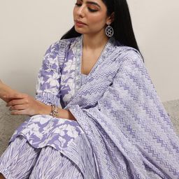 Libas Floral Printed V Neck Pure Cotton Straight Kurta With Salwar And Dupatta-picture-5