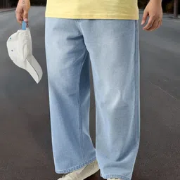 Urbano Plus Men Ice Blue Loose Baggy Fit Washed Cotton Non-Stretchable Jeans-image-39