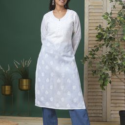 ADA Women White Chikankari Hand Embroidered Sheer Straight Sustainable Handloom Kurta-21