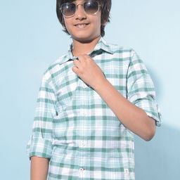 Crimsoune Club Boys Classic Checked Spread Collar Curved Cotton Slim Fit Casual Shirt-image-60