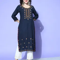 all about you Women Blue Embroidered Regular Mirror Work Liva Kurta with Trousers-picture-16