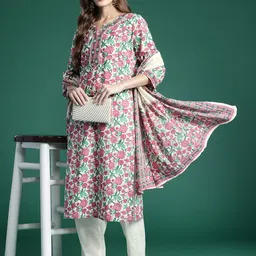Indo Era Floral Printed Regular Pure Cotton Kurta with Trousers & Dupatta-image-88