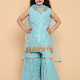 ADIVA Girls Turquoise Blue Foil Printed Regular Kurti with Sharara-image-9