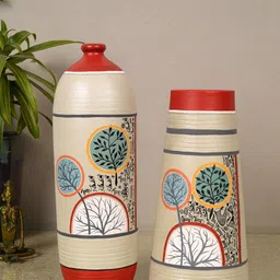 AAKRITI ART CREATIONS Grey & Red 2-Pieces Redwood Groove Printed Terracotta Vases-14