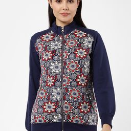 Sweet Dreams Women Navy Blue Floral Fleece Running Bomber Jacket-image-86