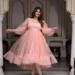 Swadeshi Shringaar Square Neck Puff Sleeves Gathered Tulle Fit & Flared Midi Dress-image-68