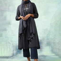 W The Folksong Collection Striped Tie-Up Neck Thread Work A-Line Kurta-36