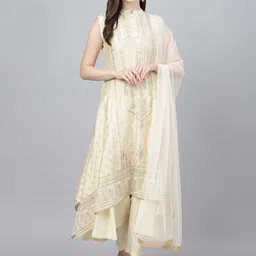 KALINI Ethnic Motifs Printed Layered Chanderi Silk Kurta With Trousers & Dupatta-18