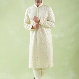 Arihant Rai Sinha Men Floral Embroidered Regular Beads and Stones Chanderi Cotton Kurta with Churidar-image-93