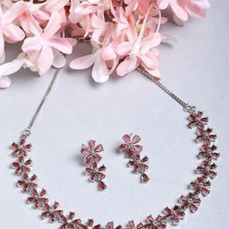ZENEME Rhodium-Plated Red American Diamond Studded Flower Shaped Necklace Set-image-54