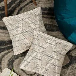HOSTA HOMES Beige & Off White Set of 2 Embroidered Square Cushion Covers-33