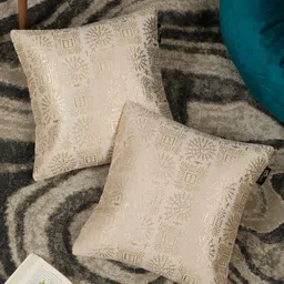 HOSTA HOMES Cream-Coloured & Gold-Toned Set of 2 Ethnic Motifs Velvet Square Cushion Covers-20