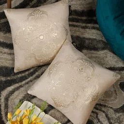 HOSTA HOMES Cream-Coloured & Gold-Toned Set of 2 Floral Velvet Square Cushion Covers-18