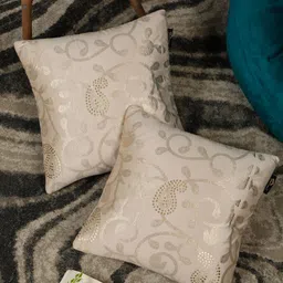 HOSTA HOMES Cream-Coloured & Gold-Toned Set of 2 Ethnic Motifs Velvet Square Cushion Covers-16