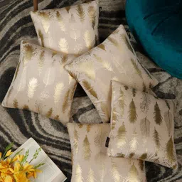 HOSTA HOMES Cream-Coloured & Gold-Toned Set of 5 Geometric Velvet Square Cushion Covers-1
