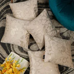 HOSTA HOMES Cream-Coloured & Gold-Toned Set of 5 Embellished Velvet Square Cushion Covers-6