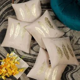 HOSTA HOMES Cream-Coloured & Gold-Toned Set of 5 Floral Velvet Square Cushion Covers-16