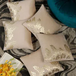 HOSTA HOMES Cream-Coloured & Gold-Toned Set of 5 Floral Velvet Square Cushion Covers-48