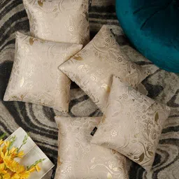 HOSTA HOMES Cream-Coloured & Gold-Toned Set of 5 Floral Velvet Square Cushion Covers-7