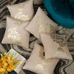 HOSTA HOMES Cream-Coloured & Gold-Toned Set of 5 Geometric Velvet Square Cushion Covers-14