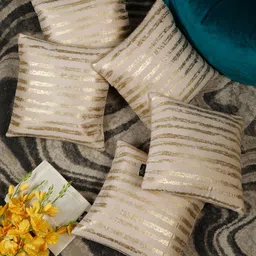 HOSTA HOMES Cream-Coloured & Gold-Toned Set of 5 Striped Velvet Square Cushion Covers-10