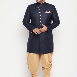 VASTRAMAY Men Navy Blue & Beige Slim-Fit Plus Size Sherwani Set-28