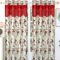 Bajo's Beige & Red 2-Pieces Printed Satin Long Door Curtains-55