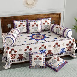BLOCKS OF INDIA Set Of 8 White & Maroon Printed Cotton Diwan Set-20