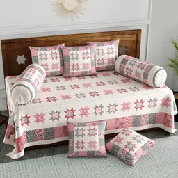 BLOCKS OF INDIA Set Of 8 Pink & White Printed Cotton Diwan Set-2