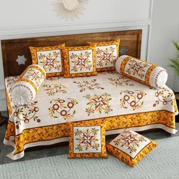 BLOCKS OF INDIA Set Of 8 Yellow & White Printed Cotton Diwan Set-56