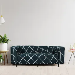HOUSE OF QUIRK Blue & White Printed 3-Seater Stretchable Non-Slip Sofa Slipcover-image-95