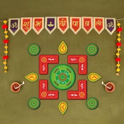 Indigifts Green & Red 14 Pieces Warli Art Printed Wooden Rangoli Stickers With Banner-image-61