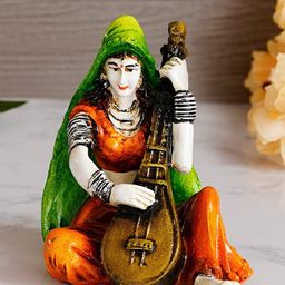 eCraftIndia Green & Orange Rajasthani Lady Playing Sitar Handcrafted Showpiece-image-59