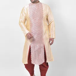 DEYANN PLUS Men Cream-Coloured & Maroon Printed Dupion Silk Kurta with Dhoti Pants-image-20