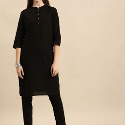 Anouk Women Black Solid Regular Pure Cotton Kurta with Trousers-image-1