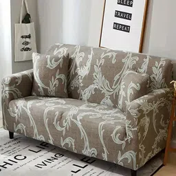 HOUSE OF QUIRK Brown & White Floral Printed Two Seater Sofa Cover With Arms-image-93