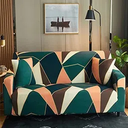 HOUSE OF QUIRK Green & Orange Abstract Printed Two Seater Sofa Cover With Arms-11