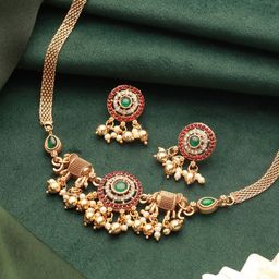 Saraf RS Jewellery Gold-Plated Stone Studded & Beaded Elepahant Shaped Jewellery Set-54