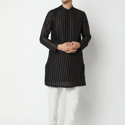 Ethnicity Men Black Striped Embellished Kurta-picture-48