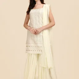 Virah Fashion Women Cream-Coloured Embroidered Chikankari Top with Sharara & With Dupatta-15