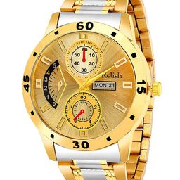 Relish Men Gold-Toned Dial & Gold Toned Stainless Steel Bracelet Style Straps Analogue Watch RE-GOLD0101-58